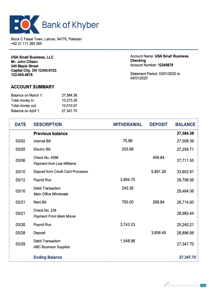 Pakistan The Bank of Khyber enterprise account statement Word and PDF template